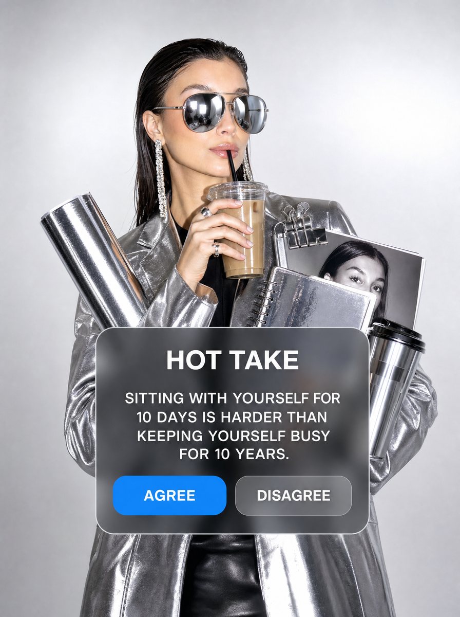 Karina in a silver coat sipping iced coffee behind a Hot Take pop-up