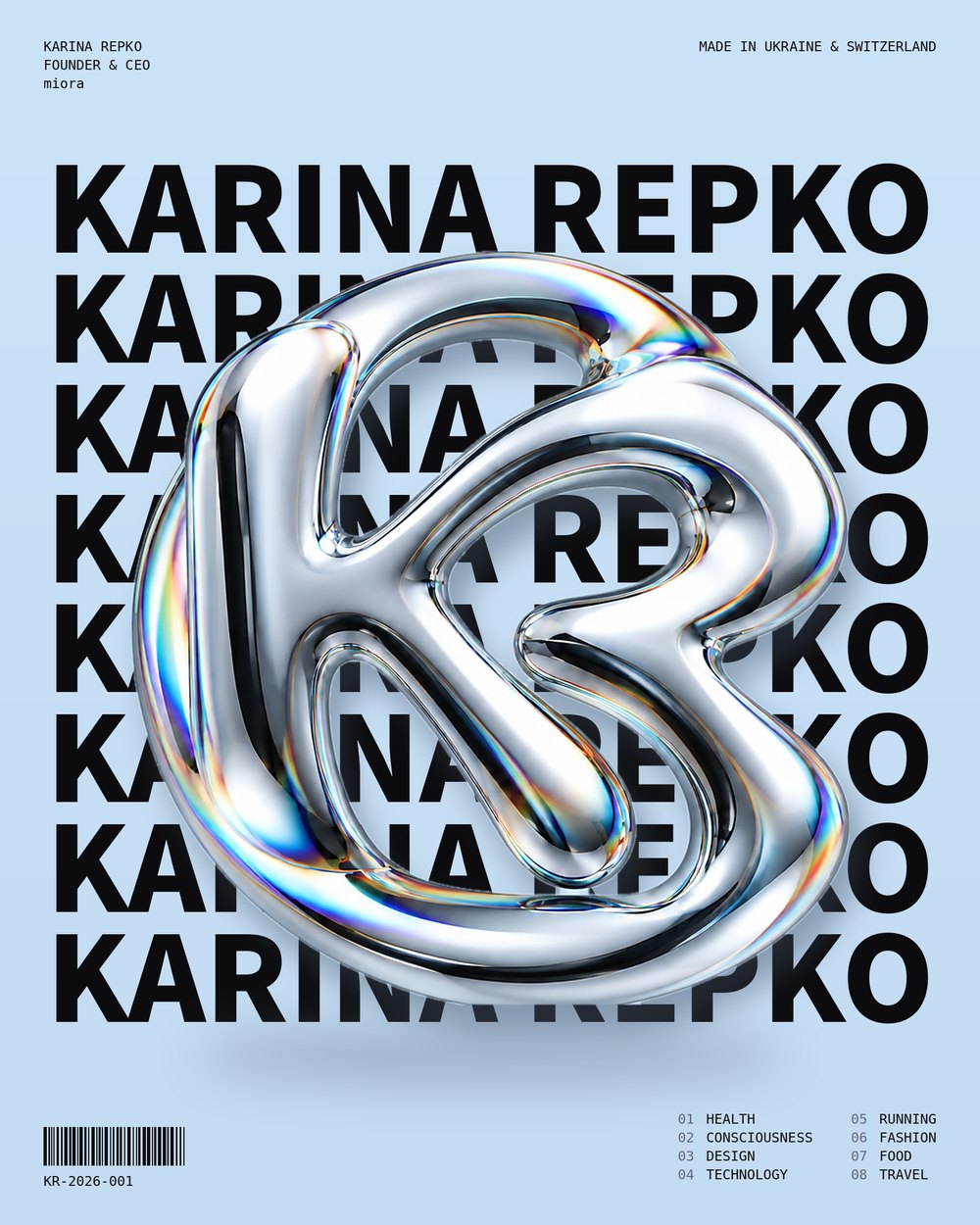 Poster with a chrome KR monogram over repeated KARINA REPKO type on baby blue