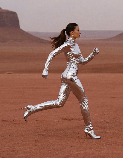 Karina running through a desert in a silver bodysuit