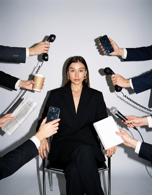 Karina in a black suit surrounded by hands holding phones